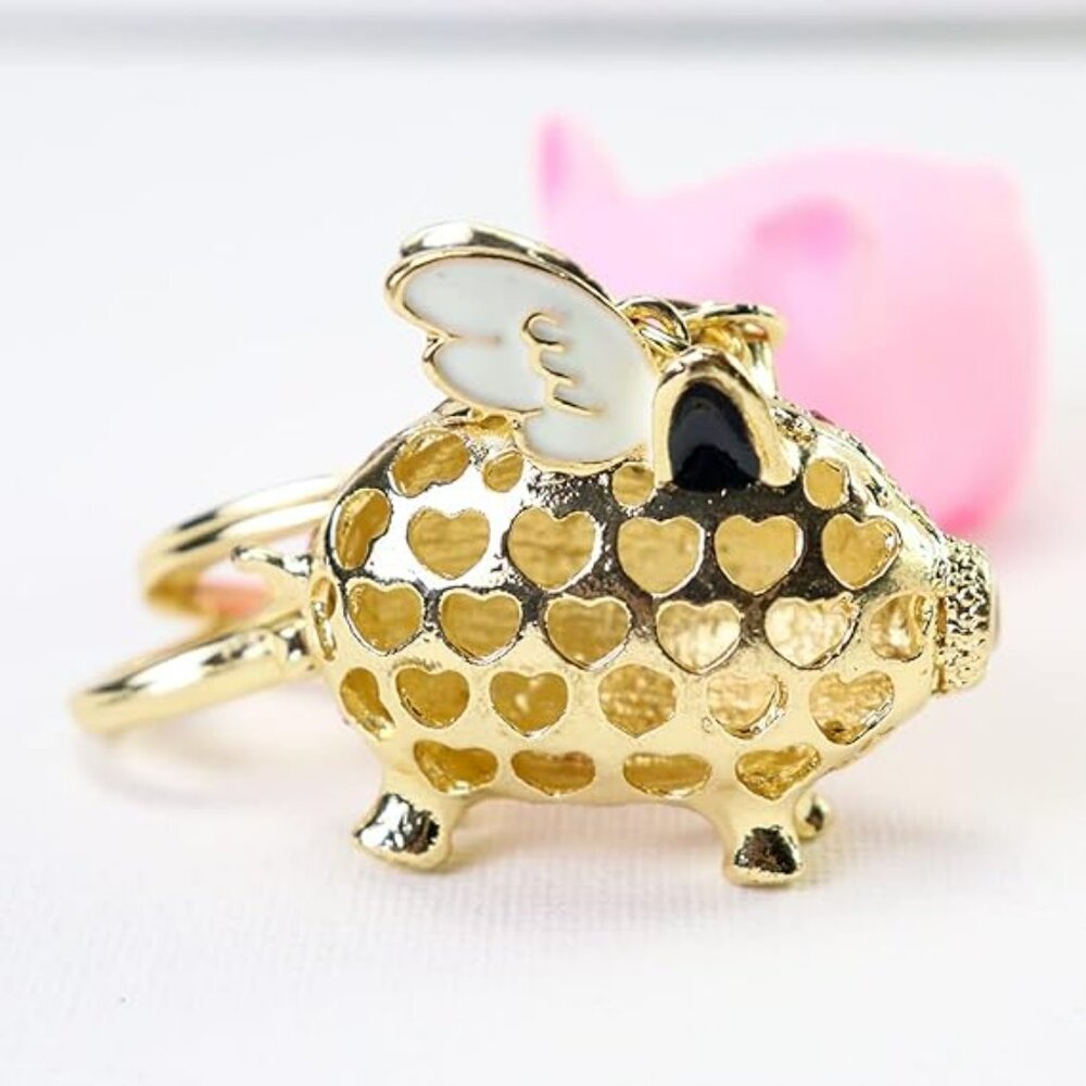 Flying Pig‎ Keychain Pink Rhinestone Bling with Gold - Picture 4 of 4
